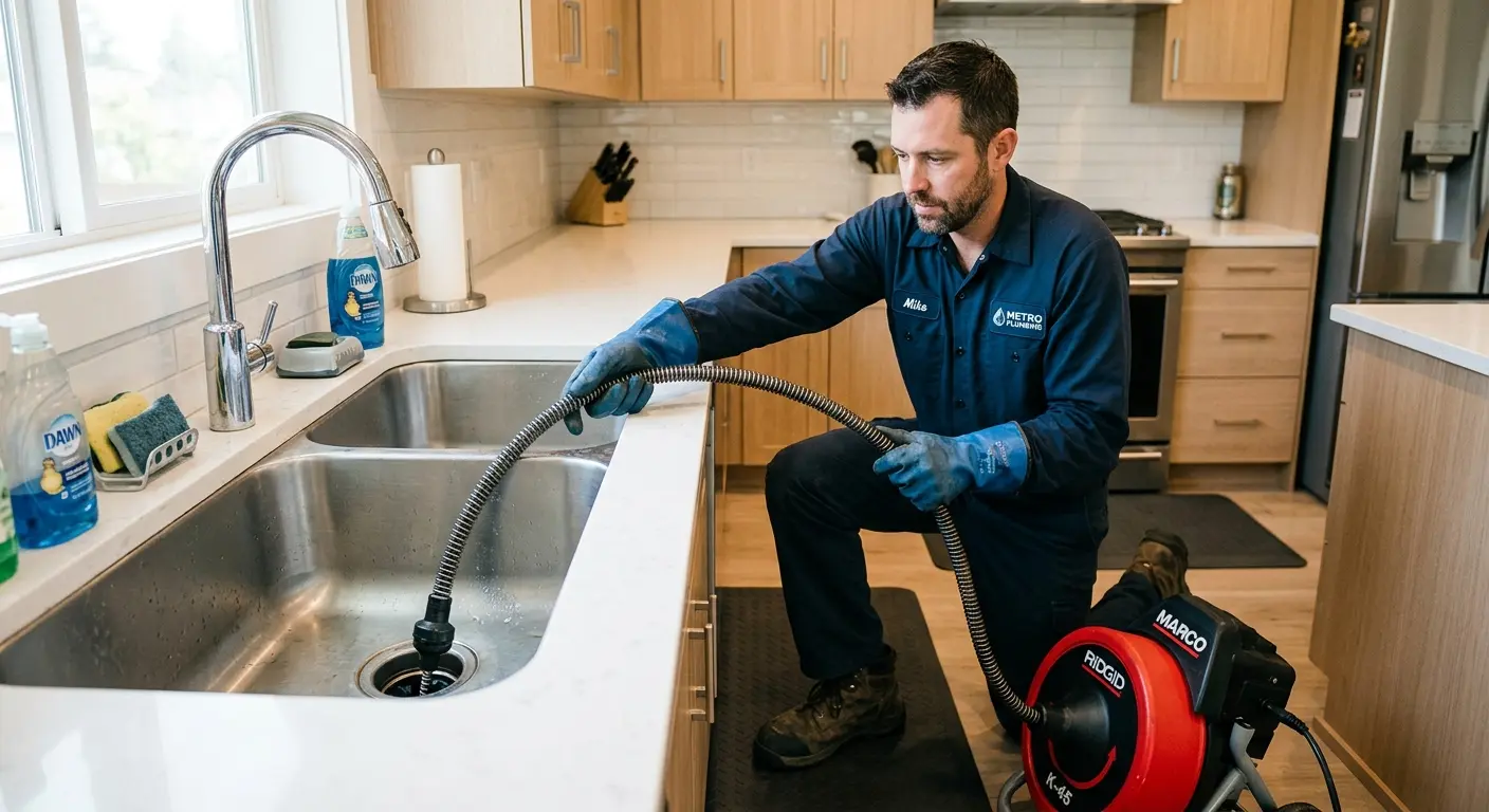 Drain cleaning technician using a motorized snake on a kitchen sink in Federal Heights