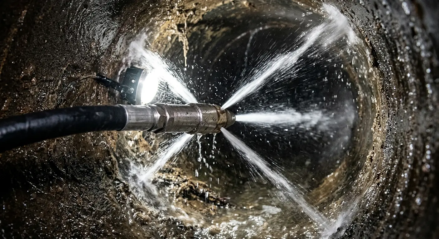 High-pressure hydro jetting nozzle cleaning sewer pipe for Trenchless Sewer Repair in Federal Heights