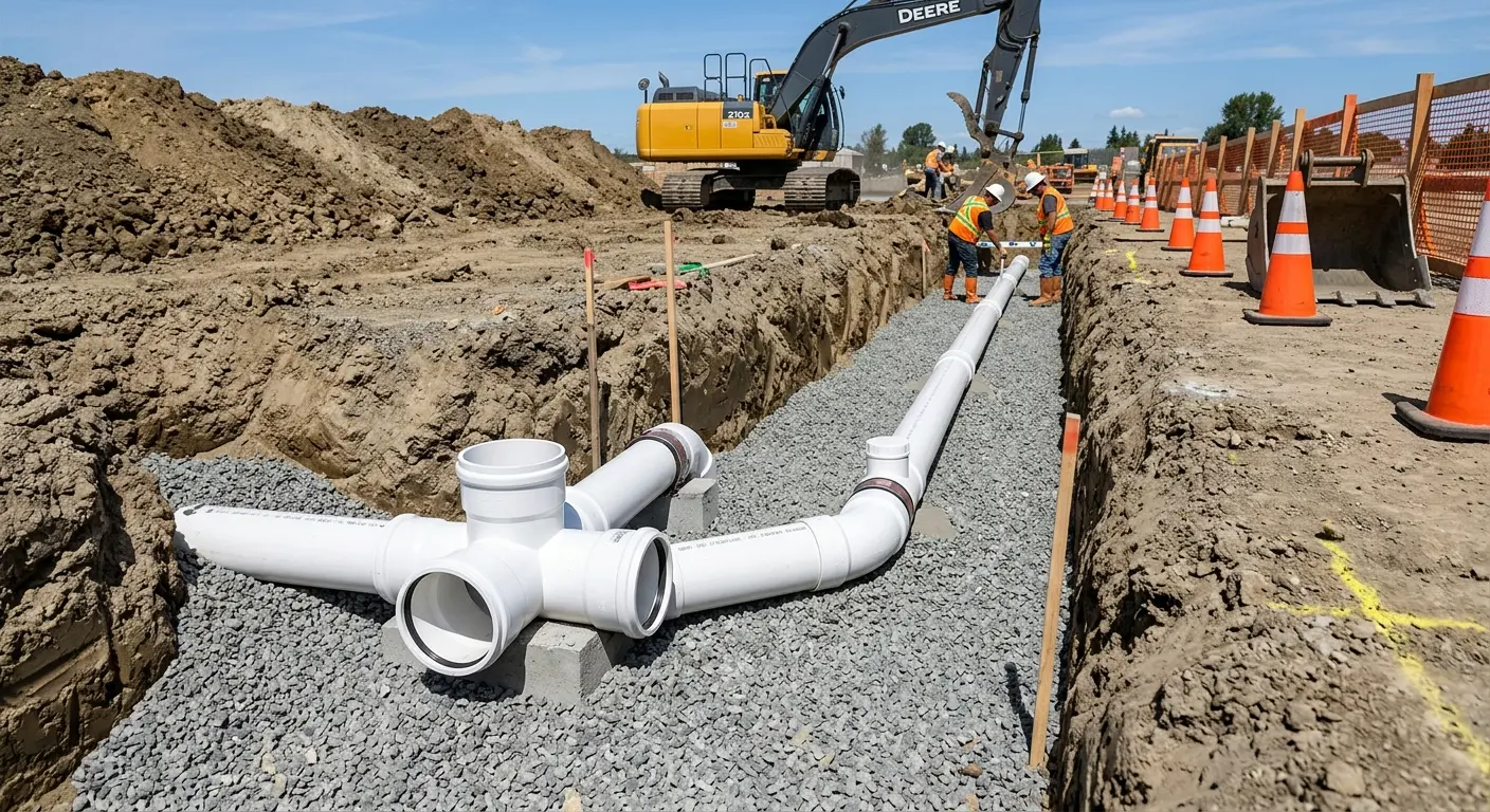 New PVC sewer pipe installation in open trench for Grease Trap Cleaning in Federal Heights