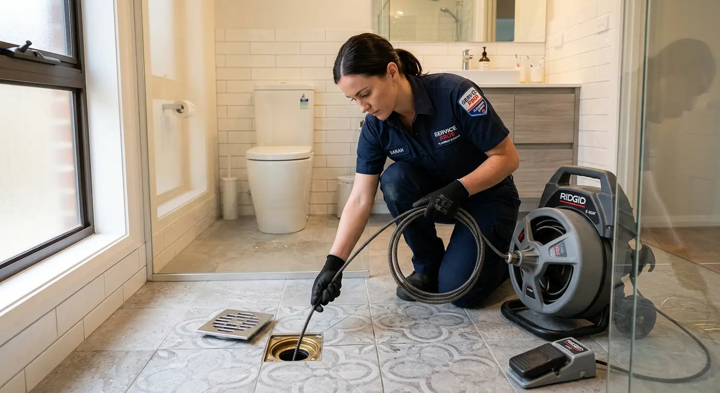 Technician clearing a bathroom floor drain for Drain Repair in Federal Heights